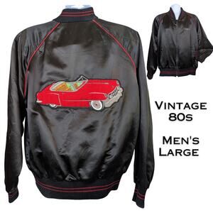 VTG 80s Mens Black Satin 1950 Cadillac Bomber Jacket Large Embroidered Red Car
